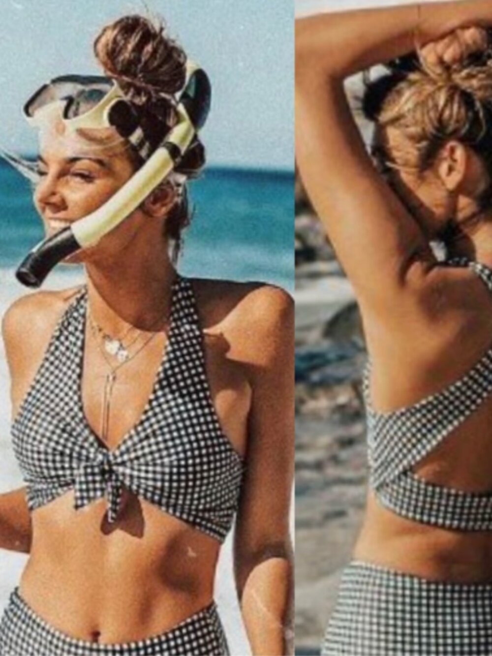 Albion Black White Gingham Check Top Knot Swim Top